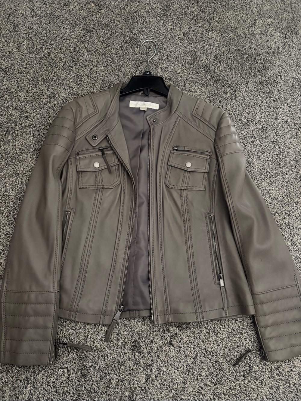 Boston Proper Taupe Gray Leather Moto Jacket